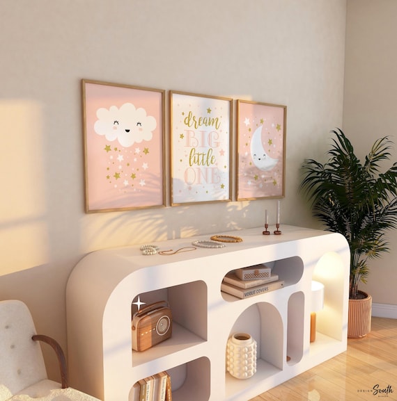 Blush Gold Nursery Prints: Celestial Moon, Stars, Cloud (Set of 3)
