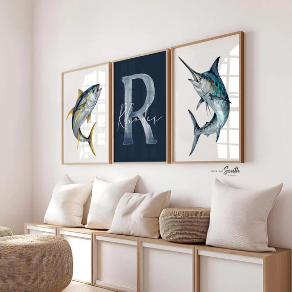 Blue Marlin & Yellowfin Tuna Nursery Wall Art Set of 3, Personalized Boy Fishing Prints, Navy Saltwater Fish Decor Offshore Sportfishing Art