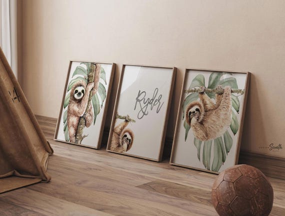 Sloth Nursery Art Prints: Tropical Watercolor Decor, Personalized Name