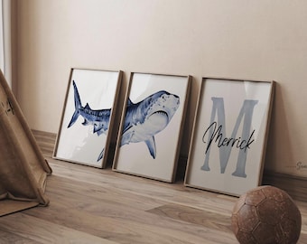 Personalized Shark Nursery Prints: Watercolor Ocean Art Set