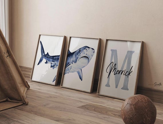 Personalized Shark Nursery Prints: Watercolor Ocean Art Set