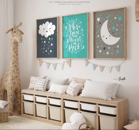 Moon and stars nursery decor, navy blue and turquoise, i love you to the moon, cloud nursery boy, cloud wall art, moon star cloud, baby boy