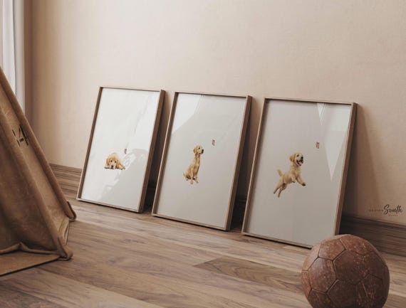 Golden retriever puppy art, pink butterfly nursery prints, set of 3 dog wall art for girls, sweet modern baby room decor