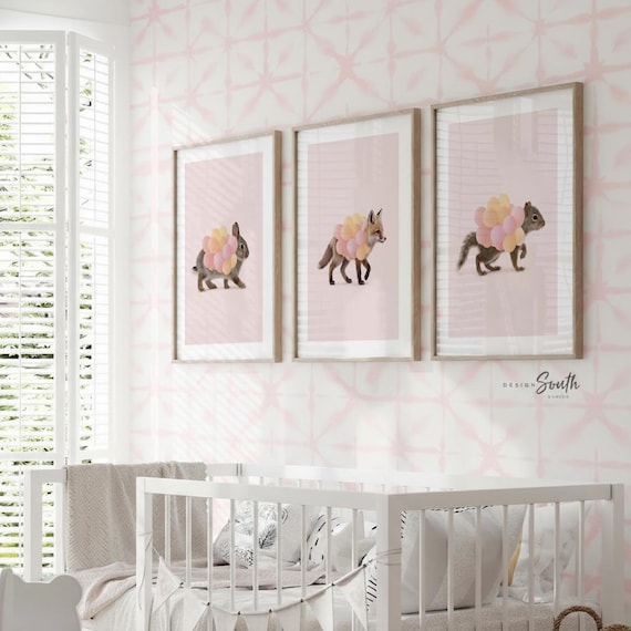 Woodland Animal Nursery Prints – Fox, Bunny, Squirrel with Pink Balloons