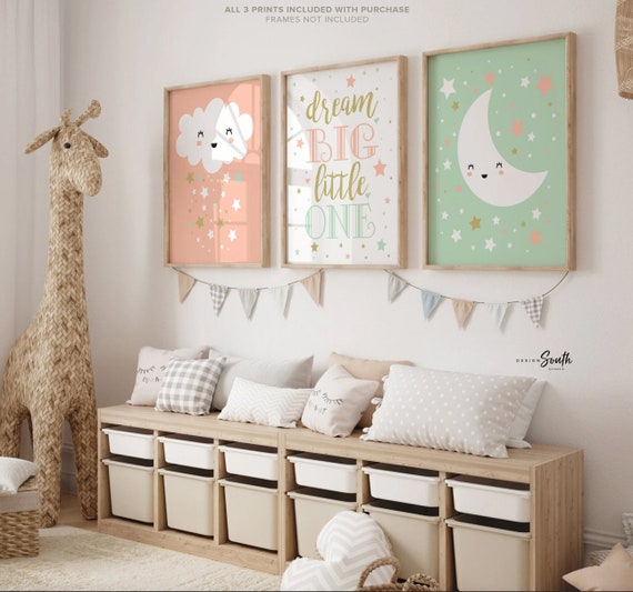 Mint Peach Nursery Prints, Moon Stars Cloud Art (Set of 3)