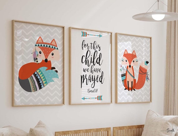 Fox nursery art, christian nursery quote, fox decor, gender neutral nursery decor, for this child we have prayed, neutral woodland nursery