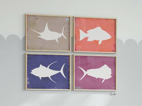 Coral and blue fish bedroom wall art, saltwater fish decor, room fishing theme, fish prints, fisherman art prints, fish nursery, fish decor