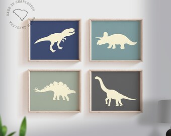 Dinosaur Nursery Art Prints: Navy, Gray, Teal Boys Room Decor