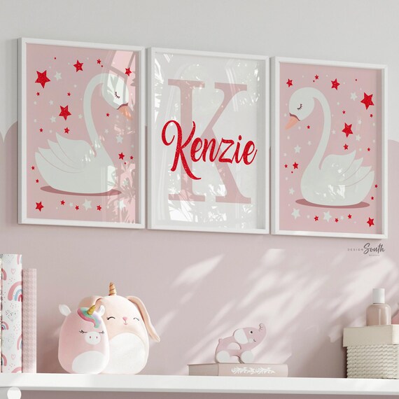 Pink and red retro baby wall decor, pink red baby girl nursery art, pink red wall art girl nursery, wall decor for girls nursery, pink swans