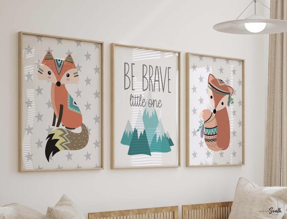 Nursery wall art ideas, fox nursery decor, tribal woodland wall art, be brave, fox decor, baby shower gift, gender neutral nursery art ideas