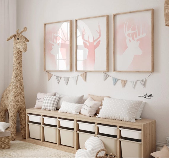 Pink deer nursery wall art, signs over crib pink deer, trendy deer head art decor girl, pink buck deer woodland baby, girl hunter pink decor