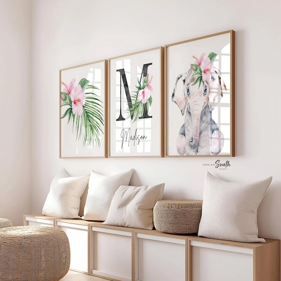 Tropical Nursery Art Prints: Palm Leaf, Hawaiian Flowers, Personalized Name