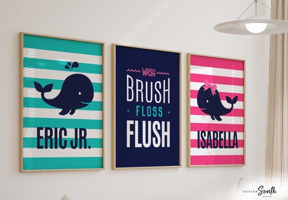 Whale bathroom decor, kids whale bathroom, twin whale bathroom, boy/girl bathroom prints, teal and hot pink, wash brush flush floss bathroom