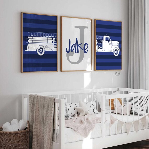 Navy Fire Truck Nursery Art, Personalized Name Print, Boys Wall Decor