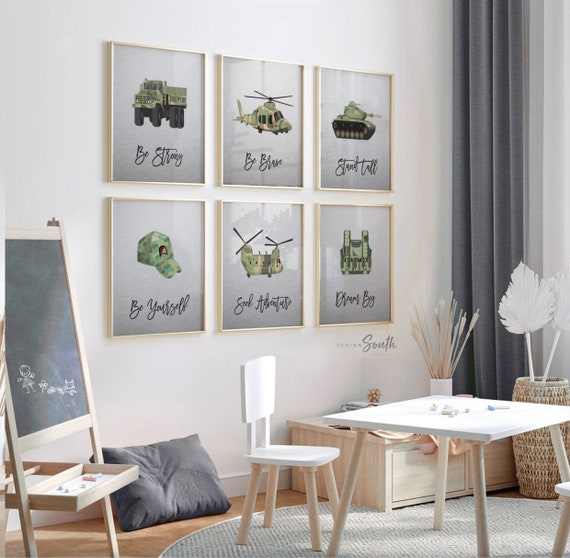Army vehicles boys wall art set, soldier military tank truck helicopter, boys bedroom wall art print decor army marine troop, playroom army