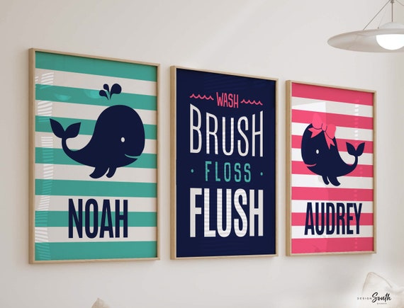 Whale bathroom decor, kids whale bathroom, twin whale bathroom, boy/girl bathroom prints, teal and hot pink, wash brush flush floss bathroom