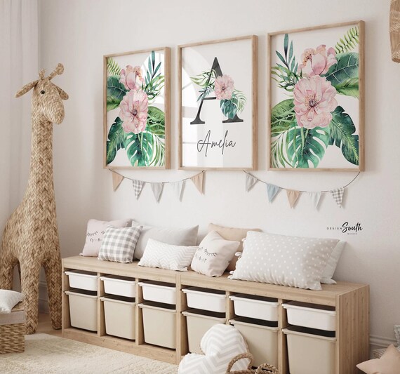Floral baby nursery wall art decor, tropical floral nursery art, baby wall decor ideas, green pink floral themed nursery, personalized name