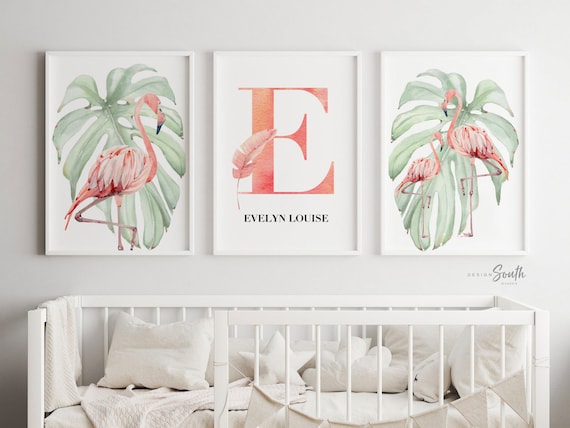 Tropical flamingo nursery, pink green nursery tropical baby, monstera leaf tropical theme baby, trendy nursery wall art decor baby girl gift
