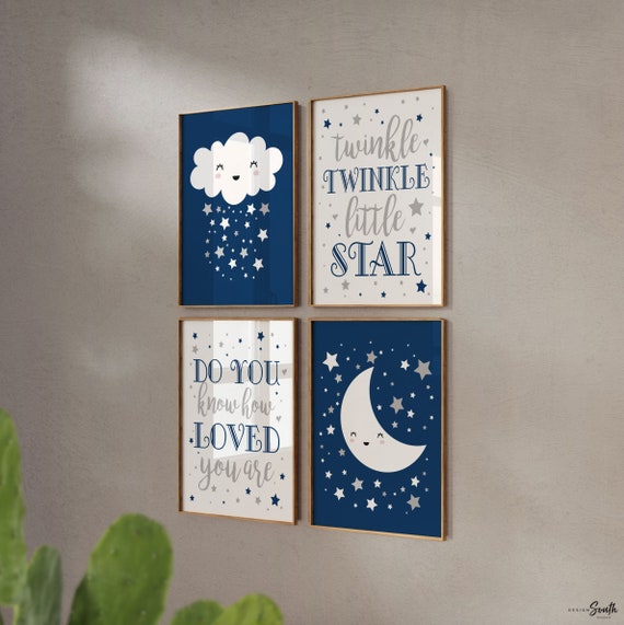 Moon stars nursery, celestial nursery boy, navy blue gray, moon stars & clouds, baby boy art, star moon baby decor, celestial art wall decor