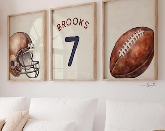 Vintage Football Nursery Art – Watercolor Helmet, Ball, Personalized Name Prints