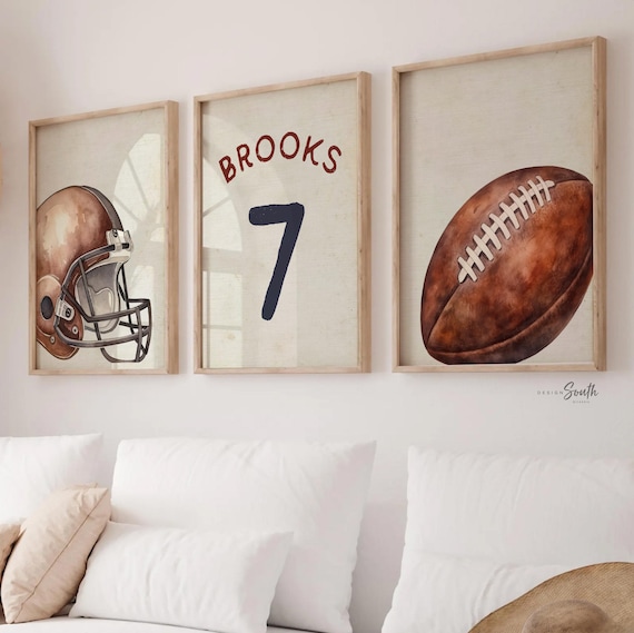 Vintage Football Nursery Art – Watercolor Helmet, Ball, Personalized Name Prints