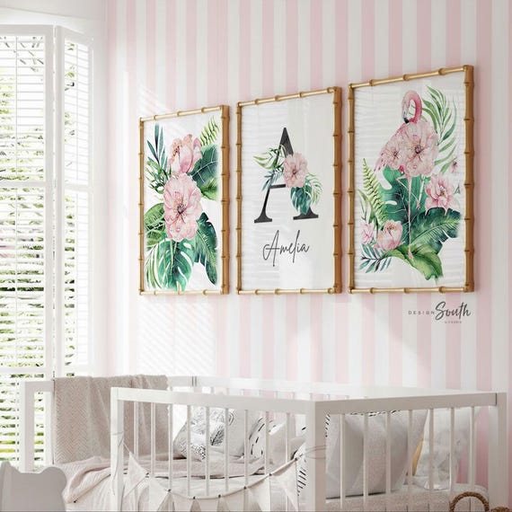 Watercolor Flamingo Nursery Decor: Tropical Girl Room Wall Art