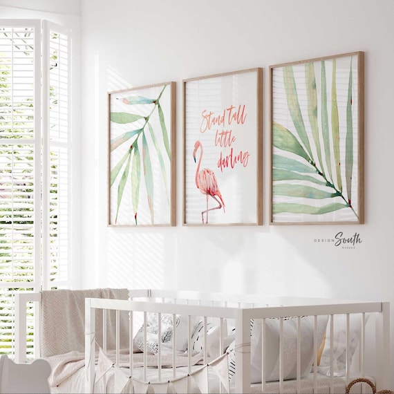 Flamingo Nursery Art Prints: Tropical Palm Decor, Inspirational Quote