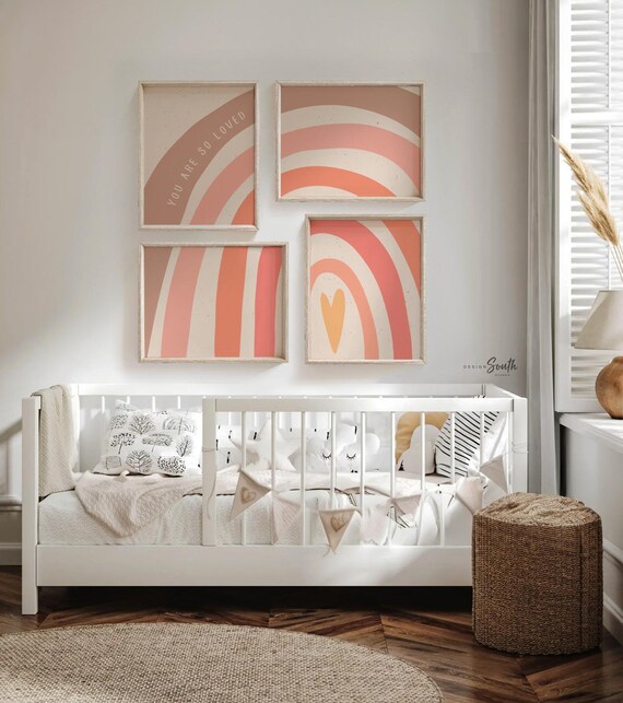 Rainbow Nursery Prints: Boho Coral Girl Room Decor (UNFRAMED, Customizable Colors)