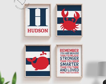 Nautical Boys Bedroom Prints: Red, Navy Whale & Crab Art