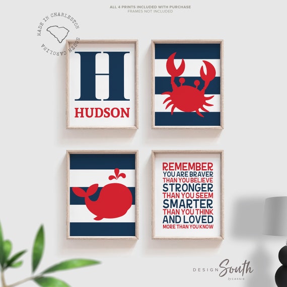 Boys whale bedroom, red and navy nautical, boy quote nautical room, red and navy blue kids wall decor, crab print, red nautical art for boys