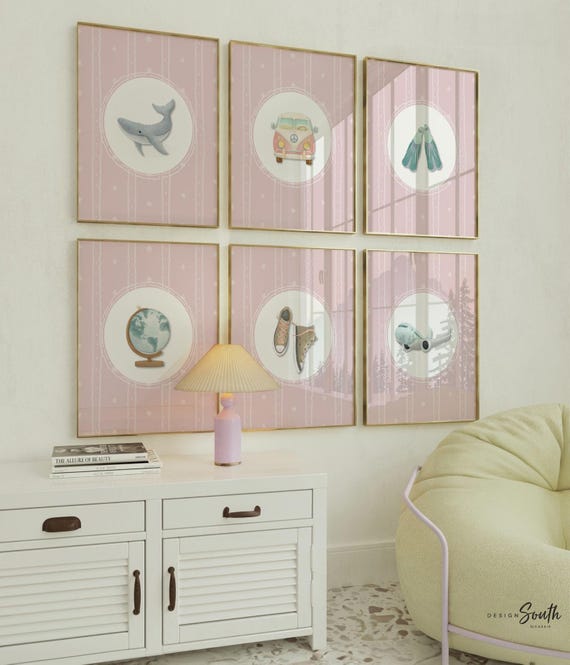 Travel Nursery Art Prints: VW Bus, Globe, Whale (Set of 6)
