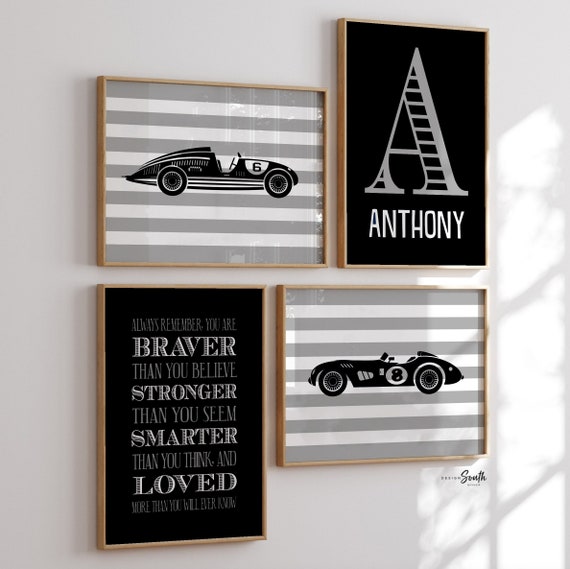 Vintage racecar prints, vintage car nursery, black and gray art, racecar nursery theme, boys racecar nursery, racecars, boys racecar bedroom