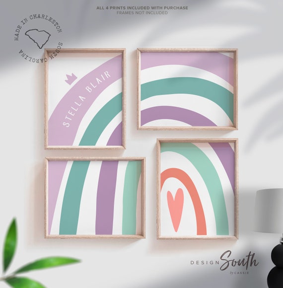 Rainbow nursery or bedroom, baby girl wall art theme rainbow personalized name, purple nursery art print, rainbow baby room wall decor heart