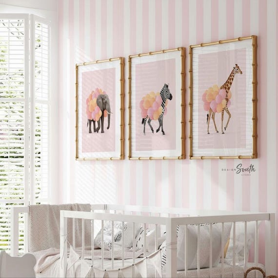 Pink Safari Animal Prints – Set of 3 Watercolor Wall Art with Balloons – Elephant, Zebra & Giraffe Nursery Decor