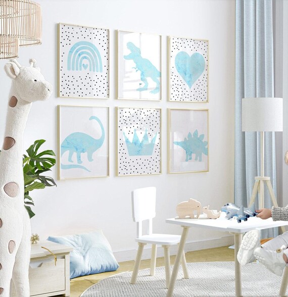 Girl dinosaurs hearts rainbows, child aqua blue dinosaur themed nursery, dinosaur bedroom wall art, aqua dinosaurs, 6 kid dinosaur prints