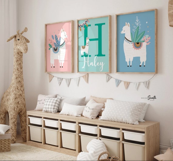 Pink aqua teal colored girl's room art, llama themed girl's name sign, cactus succulents themed room, pink mint colors kid art, llama pink