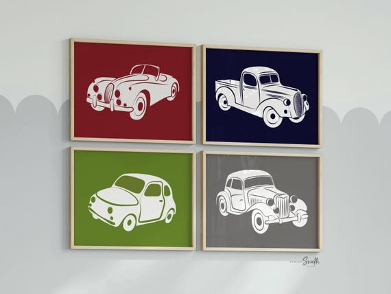Vintage cars and trucks, nursery decor, boys bedroom wall art, red blue green gray car prints, boys nursery decor, car nursery, vintage baby