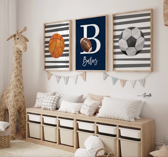 Sports home decor boy name, sports poster boy room, sports wall art, little boy gift, artwork wall crib sports theme, basketball soccer ball