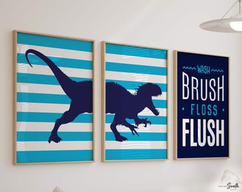 Dinosaur Bathroom Art Prints: T-Rex Decor, Boy's Room (UNFRAMED)