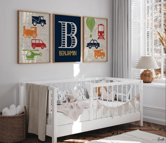 Transportation nursery, navy red green decor, personalized name print, truck train airplane art, helicopter wall print, boys nursery decor