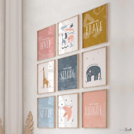 Pink animals little girl room, pink giraffe elephant fox safari jungle animals wall art set, girl bedroom decor, girl's modern pink nursery