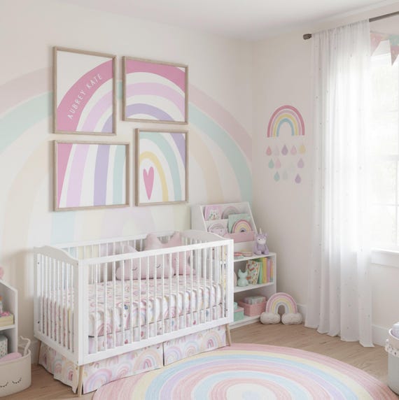 Personalized Rainbow Nursery Art: Pink Pastel Baby Girl Decor