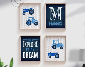 Blue Tractor Nursery Art Prints: Personalized Boy Bedroom Decor