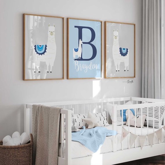 Boy llama art, baby blue navy blue and gray nursery art, personalized name print set with llamas, llama themed room, blue llama art, alpacas