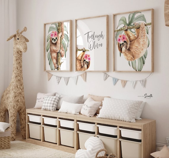Sloth Nursery Art Set: Tropical Watercolor Prints, Personalized Name