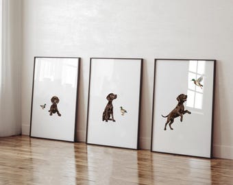 Chocolate Lab Puppy Nursery Wall Art Set of 3, Labrador Retriever & Mallard Duck Prints, Hunting Dog Nursery Decor, Gun Dog Gift