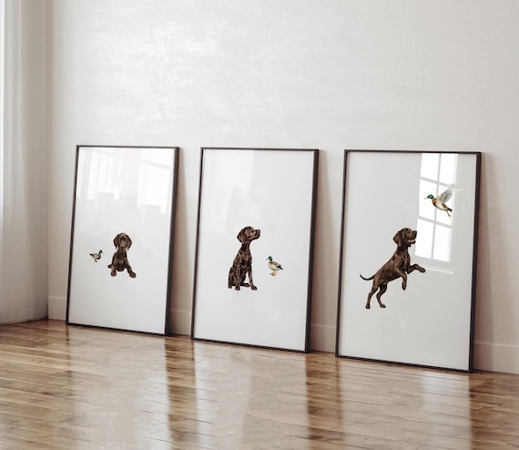 Chocolate Lab Puppy Nursery Wall Art Set of 3, Labrador Retriever & Mallard Duck Prints, Hunting Dog Nursery Decor, Gun Dog Gift
