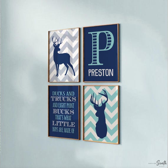 Deer Nursery Prints: Personalized Name, Navy Woodland Art