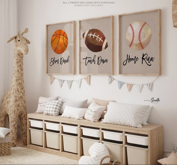 Sports baby gift, sports nursery wall art decor, basketball slam dunk art print, football touch down art print, baseball home run art print