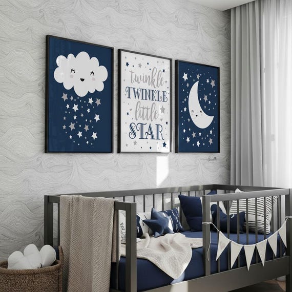 Navy Blue Nursery Wall Art: Moon, Stars, Clouds Print Set